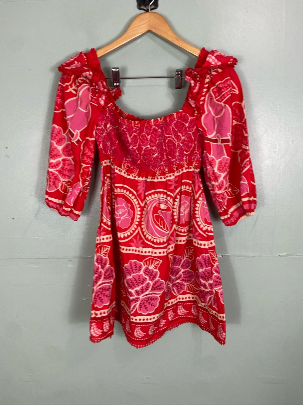 Farm Rio Summer Sunrise Mini Dress Red Pink Smocked Floral Small - Picture 2 of 11